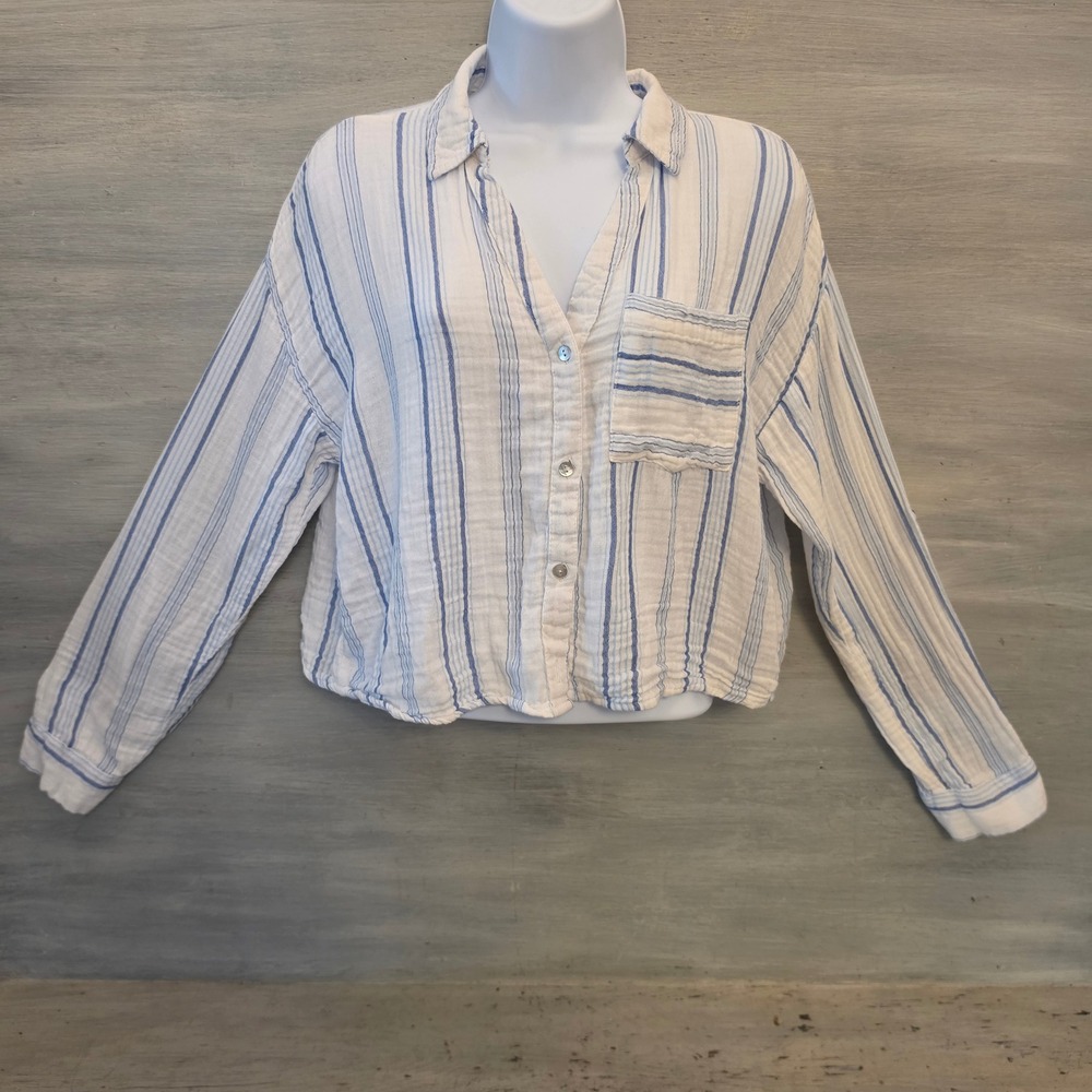 Love Notes 100% Cotton Blue White Striped Button Down Cropped Blouse Large GC‎
